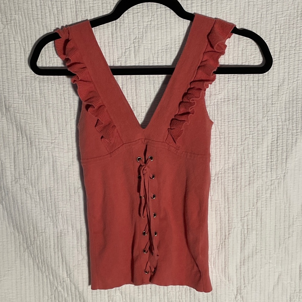 Express Coral Lace-Up Ruffle Sweater Tank Top